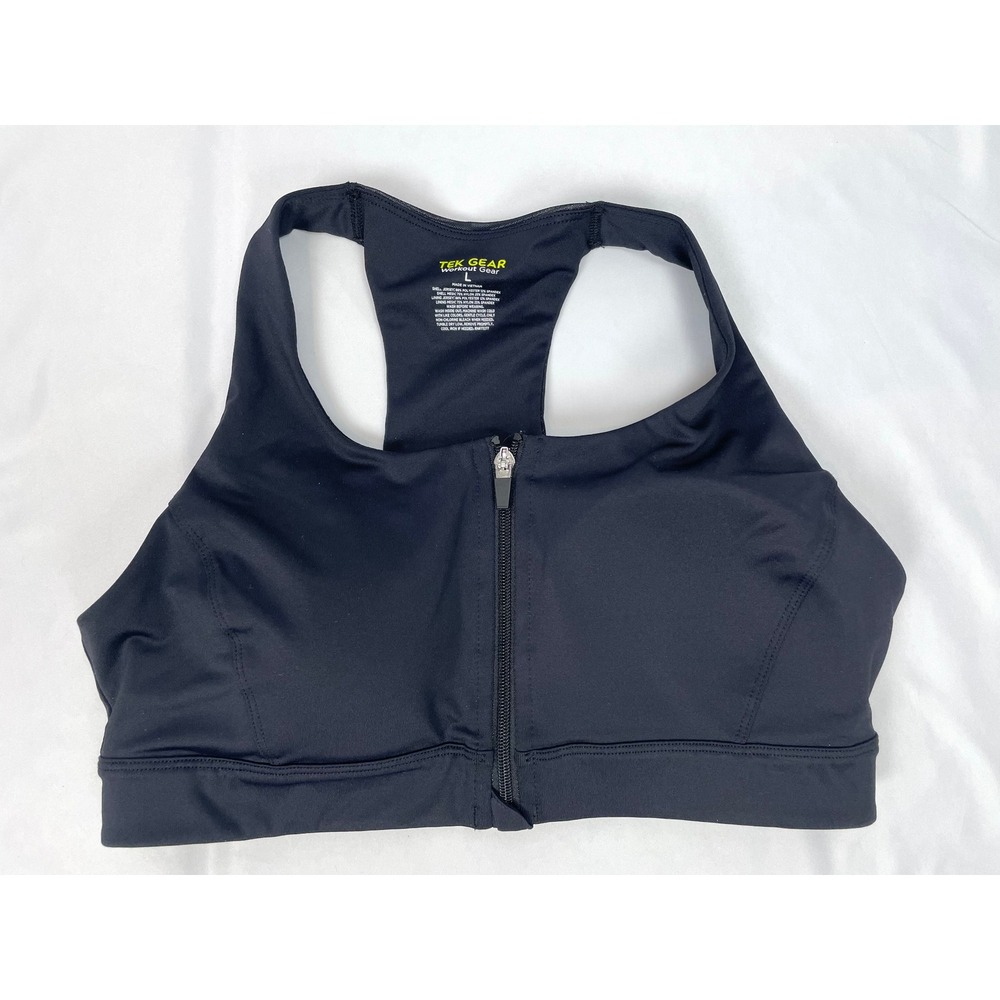 Tek Gear Women Large Black Sports Bra Front Zip Racerback Padded